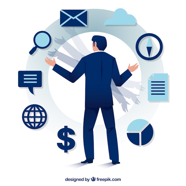 Vecteur gratuit concept de gestion de projet avec l&#39;homme d&#39;affaires bleu