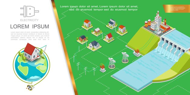 Concept hydroélectrique isométrique avec tours de transmission de la centrale hydroélectrique transformateurs électriques maisons illustration de prise électrique planète terre