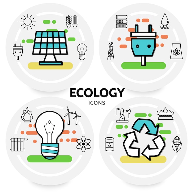 Concept D'icônes De Ligne écologie Avec Prise De Panneau Solaire Prise Ampoules Solaires Batterie Radiateur Huile Moulin à Vent