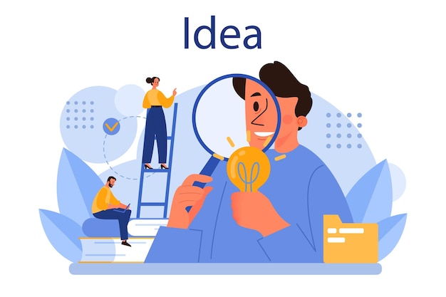 Concept d'idée Innovation créative ou génération de solutions commerciales Inspiration et imagination dans un remue-méninges Ampoule comme métaphore Illustration vectorielle plane isolée