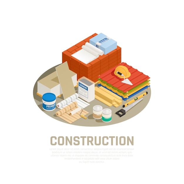 Vecteur gratuit concept de l'industrie de la construction avec illustration isométrique d'équipement de construction et de réparation