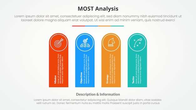 Concept d'infographie d'analyse MOST pour la présentation de diapositives en forme de rectangle rond vertical avec liste en 4 points avec style plat