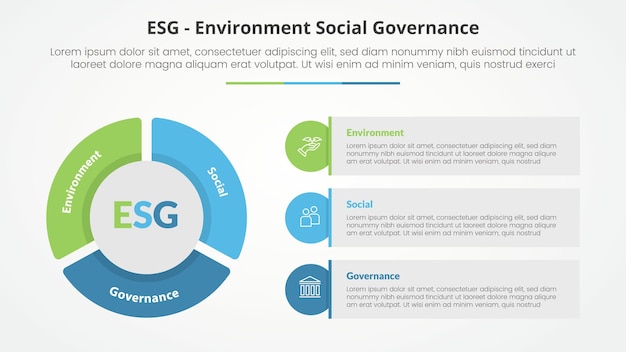 Vecteur gratuit le concept d'infographie des cadres esg pour la présentation de diapositives avec une grande forme de graphique pie et une boîte rectangulaire ronde avec une liste en trois points avec un style plat