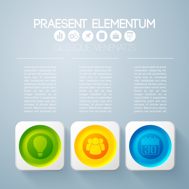 Concept D'infographie D'entreprise Avec Texte Et Trois Boutons Ronds Colorés Dans Des Cadres Carrés Et Des Icônes