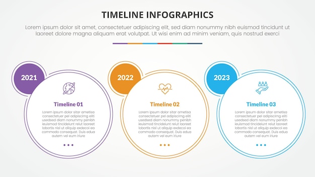 concept d'infographie d'étape temporelle avec un grand contour de cercle et un petit côté d'insigne pour la présentation de diapositives avec une liste en 3 points