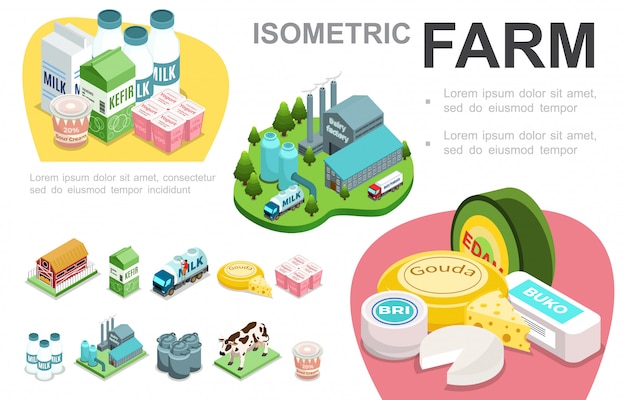 Vecteur gratuit concept d'infographie de l'industrie laitière isométrique avec le kéfir de vache à la crème sure et au fromage