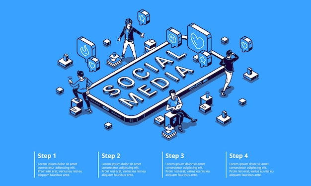 Concept d'infographie isométrique de médias sociaux avec de minuscules personnages à l'aide de gadgets, travaillant sur ordinateur