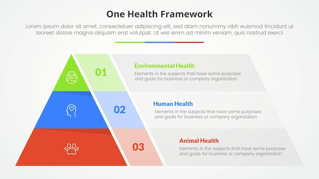 Vecteur gratuit un concept d'infographie de santé pour la présentation de diapositives avec une structure en forme de pyramide divisée par une liste en trois points avec un style plat