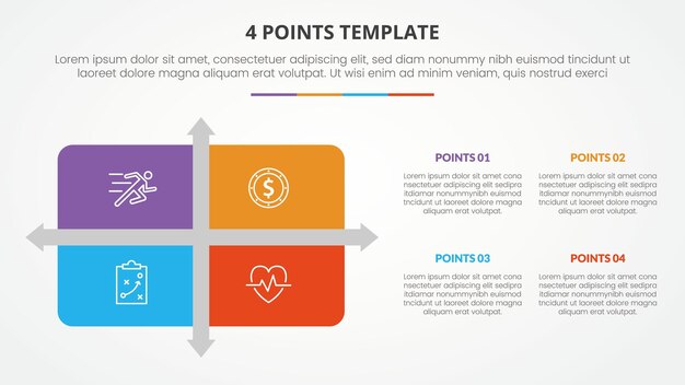 Vecteur gratuit concept infographique de modèle d'étape en 4 points pour la présentation de diapositives avec structure matricielle avec diviseur en forme de flèche avec liste en 4 points avec vecteur de style plat