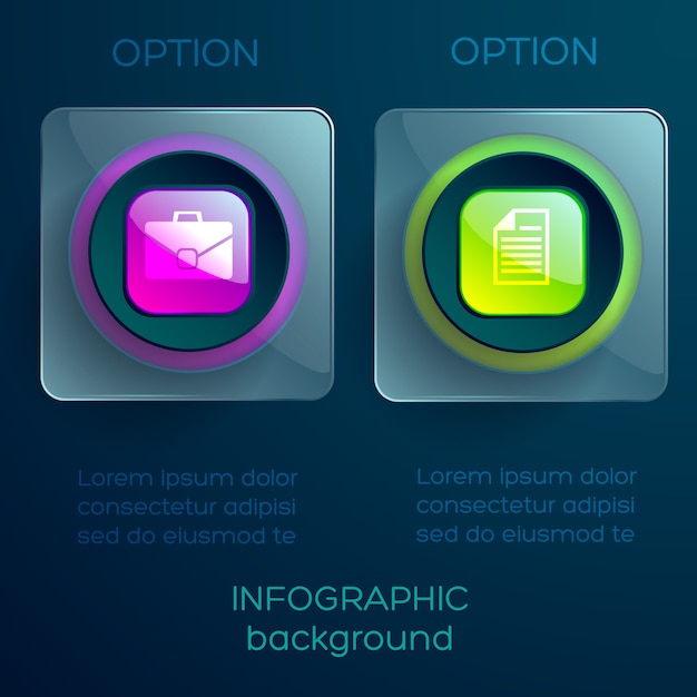 Vecteur gratuit concept infographique avec texte deux carrés transparents en verre boutons colorés brillants et icônes isolés