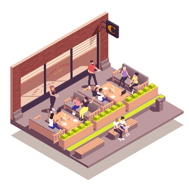 Vecteur gratuit concept isométrique de café de rue avec des gens assis sur l'illustration vectorielle de terrasse extérieure