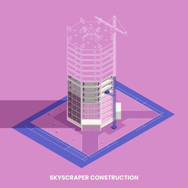 Concept isométrique de construction de gratte-ciel avec symboles de construction et de préparation