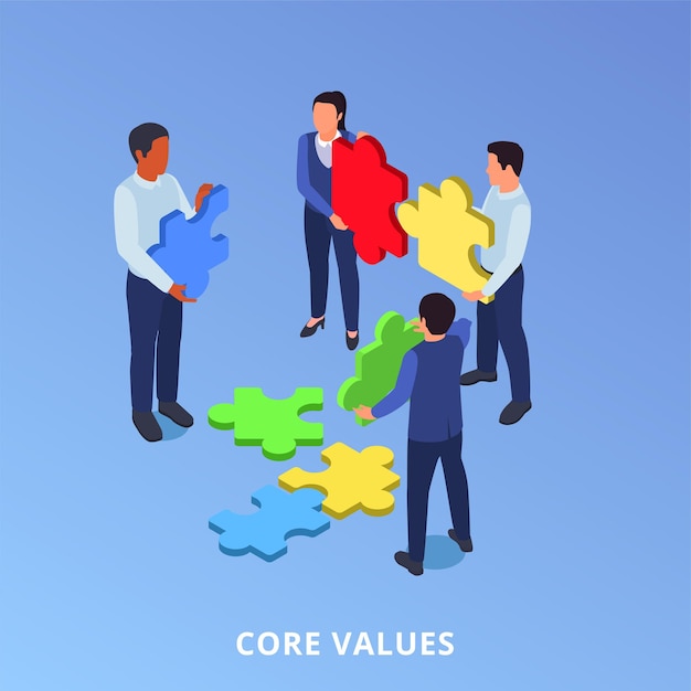 Vecteur gratuit concept isométrique de culture d'entreprise avec des gens d'affaires assemblant une illustration vectorielle de puzzle