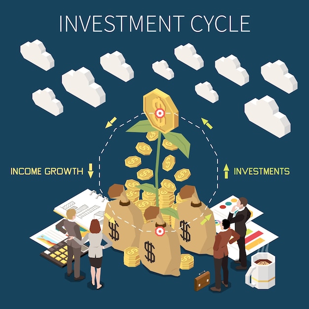 Concept Isométrique De Financement Participatif Et De Collecte De Fonds Avec Illustration Vectorielle De Cycle D'investissement Monétaire