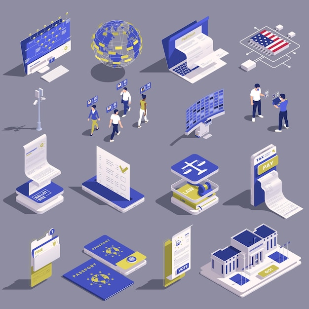 Concept Isométrique De Gouvernement Numérique Avec Différentes Icônes De Services Publics Illustration Vectorielle Isolée