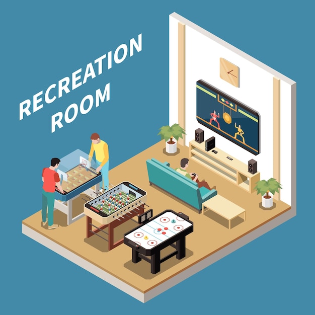 Vecteur gratuit concept isométrique de jeux d'intérieur et de table avec salle de loisirs contenant une machine d'arcade et une illustration vectorielle de console vidéo