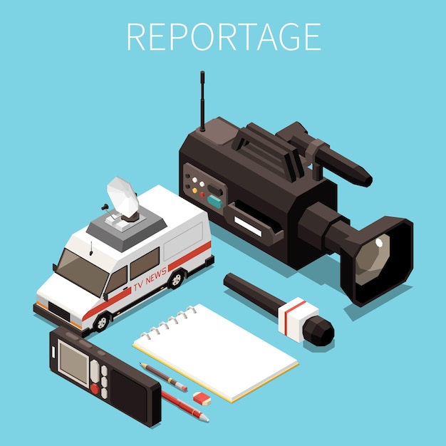 Vecteur gratuit concept isométrique des médias d'information serti d'instruments de travail de journaliste et de journaliste illustration vectorielle