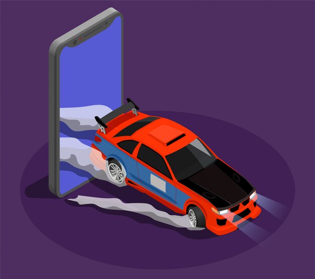 Concept isométrique de réglage de voiture symbolisant la course à la dérive par burnout car laissant l'écran du smartphone