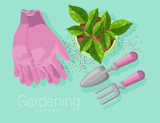 Concept de jardinage avec des gants roses, une pelle et un râteau. Feuilles de thé poussant dans un pot