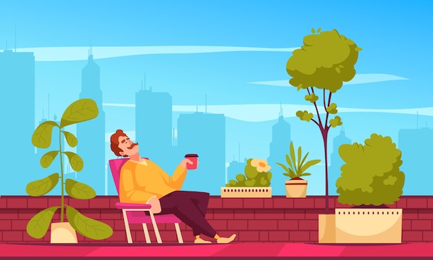 Concept De Jardinage Urbain Avec Un Homme Se Reposant Sur Le Toit Avec Des Plantes Et Des Arbres En Pleine Croissance Illustration Vectorielle De Dessin Animé