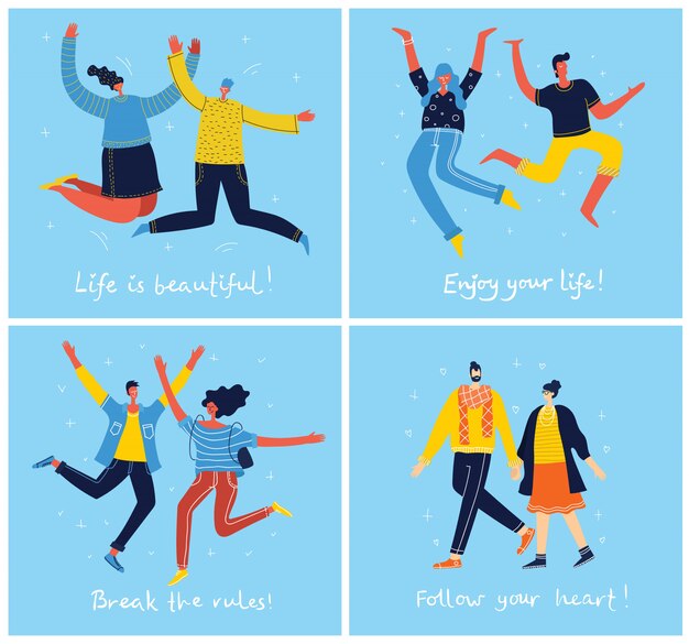 Concept De Jeunes Sautant Sur Fond Bleu Carte D Illustration Moderne Elegante Avec Des Adolescents Masculins Et Feminins Heureux Et Citation De Dessin A La Main Profitez De Votre Vie Vecteur Premium