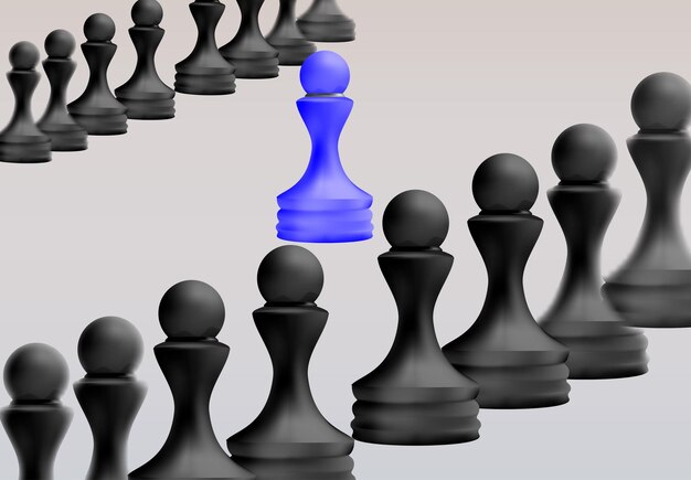 Concept de leadership Pion bleu d'échecs se détachant de la foule des noirs Stratégie d'entreprise Illustration vectorielle en rendu 3d