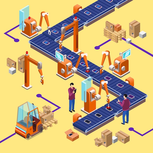 Concept De Ligne Robotique D'usine De Montage Automatique Isométrique