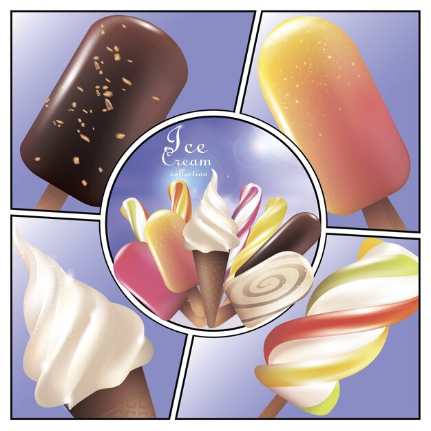 Concept lumineux de crème glacée colorée avec sucette popsicle glaces crémeuses et aux fruits dans un style réaliste