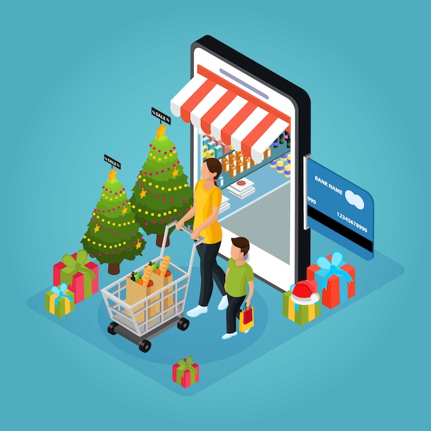 Concept de magasinage en ligne de vacances d'hiver isométrique avec femme garçon boîtes cadeau arbres de Noël mobile isolé