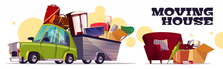 Vecteur gratuit concept de maison en mouvement avec voiture transportant des cartons remplis, des bagages, une télévision et des meubles