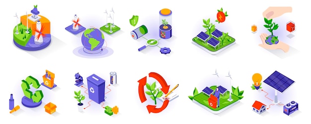 Concept de mode de vie écologique ensemble d'icônes 3d isométriques sources d'énergie alternatives changement climatique nature
