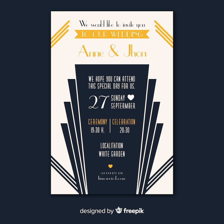 Vecteur gratuit concept de modèle invitation mariage art déco moderne