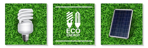 Concept Moderne D'énergie éco Réaliste Avec Lampe à économie D'énergie Et Panneau Solaire Sur L'illustration De L'herbe