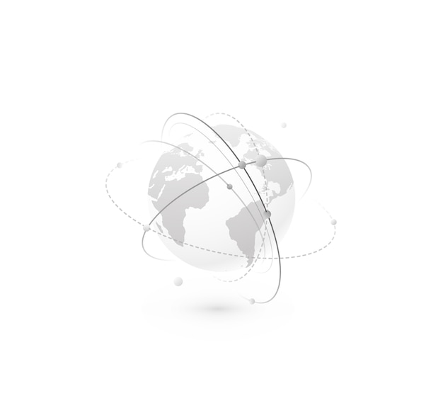 Concept de monde de réseau mondial. Globe technologique avec carte des continents et lignes de connexion, points et points. Conception de planète de données numériques dans un style plat simple, couleur monochrome.