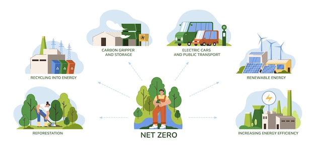 Concept Neutre En Carbone à Zéro émission Stratégie De Réduction Des émissions De Gaz à Effet De Serre Mesures Visant à Protéger L'atmosphère De La Pollution, Telles Que Le Recyclage Des énergies Renouvelables Et Le Reboisement Sauver La Planète