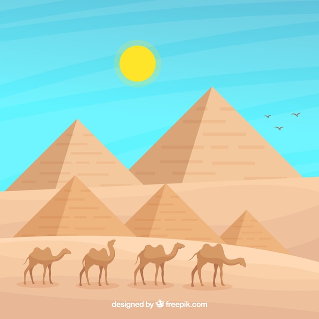 Concept De Paysage De L'egypte Avec Les Pyramides Et La Caravane