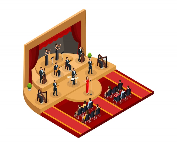 Vecteur gratuit concept de performance d'opéra classique isométrique avec chanteuse et musiciens sur scène devant un public isolé