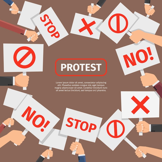 Vecteur gratuit concept de personnes manifestants. cadre de signes de protestation avec texte. panneau de protestation et de révolution, bannière et panneau avec symbole.