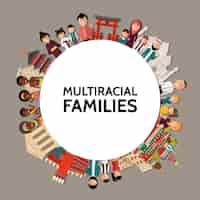 Vecteur gratuit concept de personnes plat multiracial rond avec hommes femmes enfants de différentes ethnies et sites de divers pays illustration