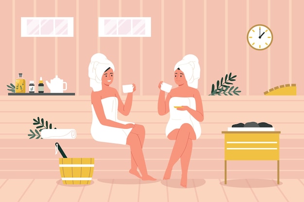 Concept Plat D'aromathérapie Avec Des Femmes Buvant Une Tisane Dans L'illustration Vectorielle De Sauna