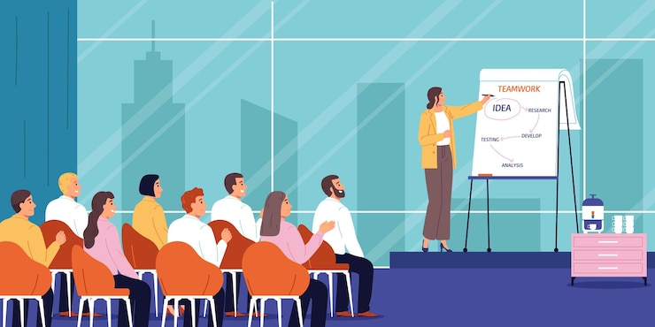 Vecteur gratuit concept plat de conférence avec une femme sur scène parlant pour l'illustration vectorielle du public