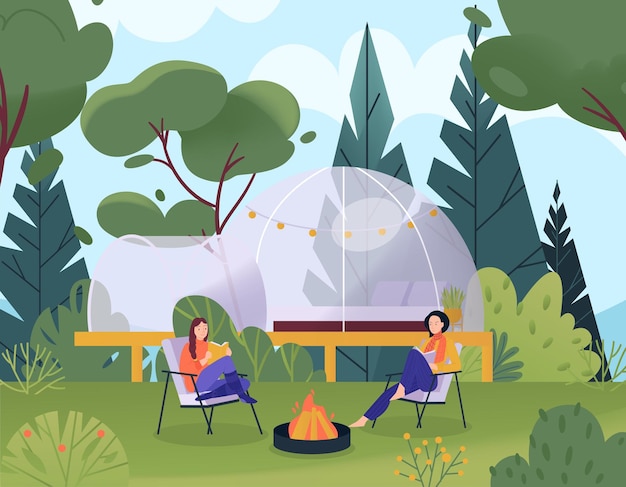 Vecteur gratuit concept plat de glamping avec des filles assises près d'un feu de camp et une tente à bulles transparentes sur l'illustration vectorielle de fond