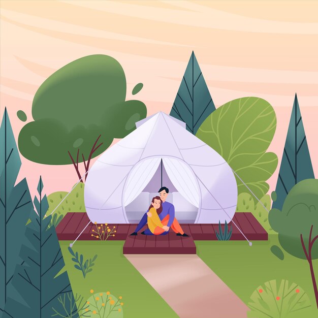 Concept plat glamping avec jeune couple assis près de l'illustration vectorielle de bulle tente