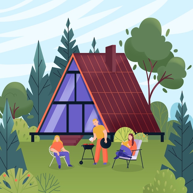 Vecteur gratuit concept plat de glamping avec des personnes faisant un barbecue dans la forêt avec une maison moderne sur l'illustration vectorielle de fond