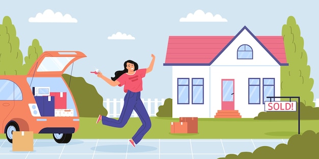 Vecteur gratuit concept plat immobilier avec une femme heureuse se déplaçant vers une nouvelle illustration vectorielle de maison