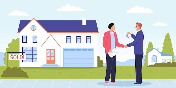 Vecteur gratuit concept plat immobilier avec homme achetant une maison à partir d'une illustration vectorielle de courtier