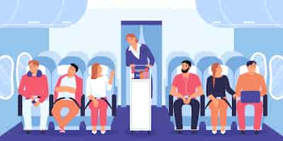 Vecteur gratuit concept plat intérieur d'avion avec hôtesse de l'air en illustration vectorielle de classe économique
