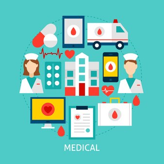 Concept plat médical. illustration vectorielle de conception d'affiches. ensemble d'objets de santé.