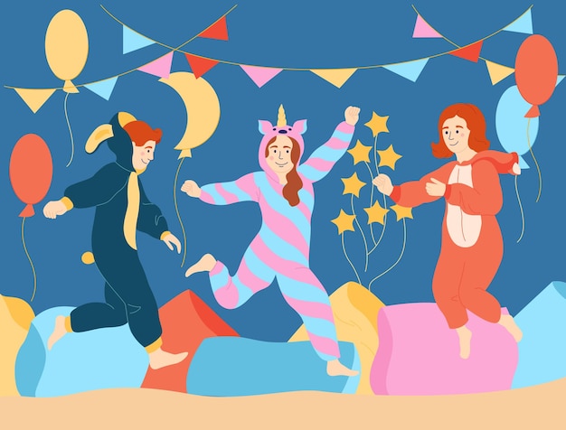 Concept plat de soirée pyjama avec des enfants heureux sautant en costumes kigurumi illustration vectorielle