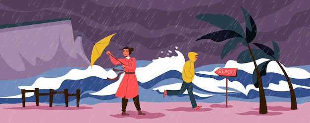 Concept Plat De Tempête De Pluie Avec Des Personnes Près De L'illustration Vectorielle De Bord De Mer